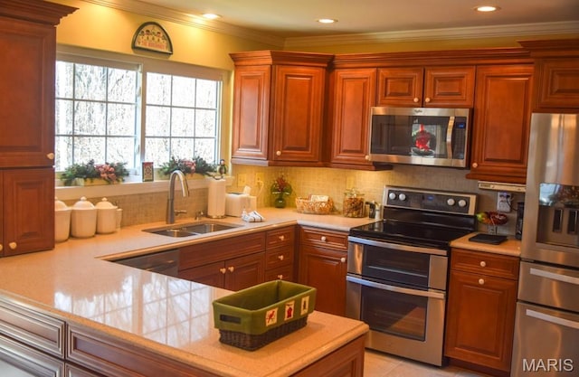 1741 Ivy Chase Ct, Fenton, MO 63026 - kitchen featuring stainless steel appliances, light countertops, tasteful backsplash, and crown molding