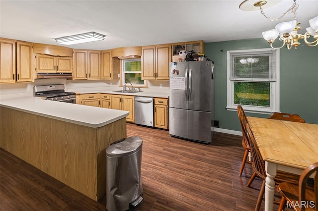 1752 N Bluff Rd, Collinsville, IL 62234 - kitchen featuring appliances with stainless steel finishes, under cabinet range hood, a chandelier, light countertops, and dark wood-style floors
