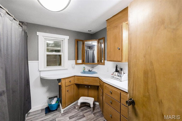 1752 N Bluff Rd, Collinsville, IL 62234 - bathroom with vanity, wood finished floors, curtained shower, and wainscoting