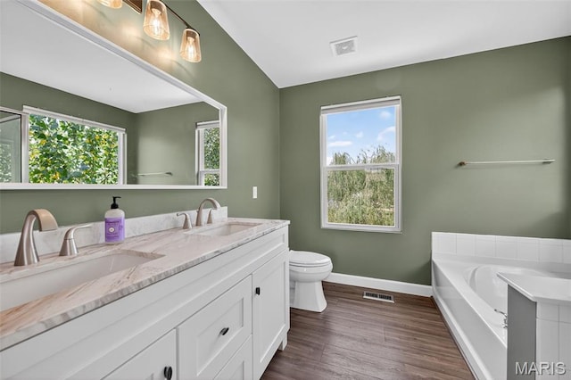 907 Wilderness Way Dr, Eureka, MO 63025 - bathroom with double vanity, healthy amount of natural light, a garden tub, and wood finished floors