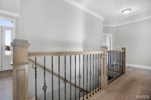 10 Schaper Farms Ct, Foristell, MO 63348 - hall with an upstairs landing, wood finished floors, and crown molding