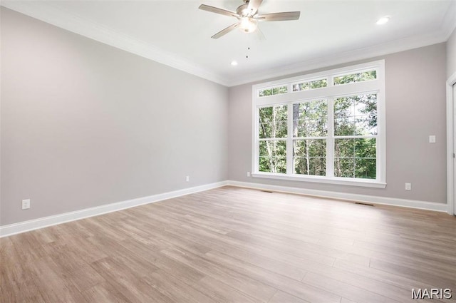 10 Schaper Farms Ct, Foristell, MO 63348 - empty room featuring ornamental molding, light wood-type flooring, a ceiling fan, and recessed lighting