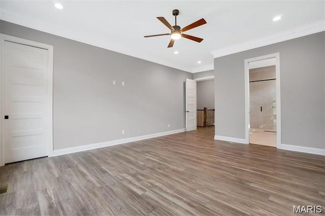 10 Schaper Farms Ct, Foristell, MO 63348 - unfurnished bedroom featuring crown molding, wood finished floors, recessed lighting, and ensuite bath