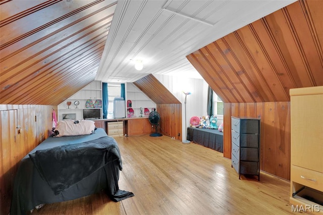 22 Green Acres Rd, Bellefontaine Nghbrs, MO 63137 - bedroom with light wood-style floors, vaulted ceiling, wood walls, and wooden ceiling