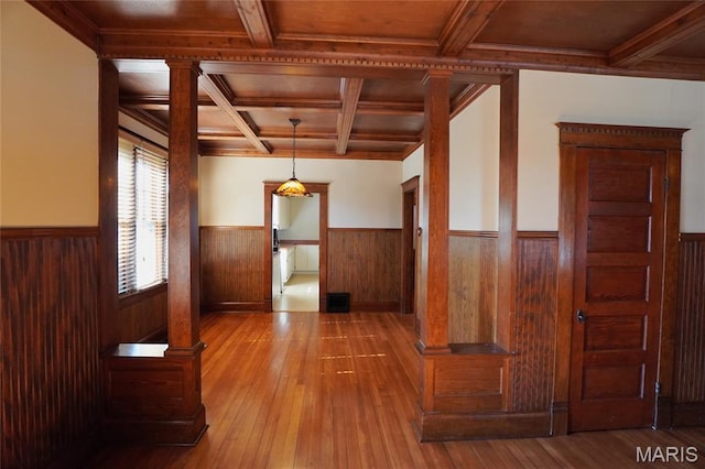 130 E 2nd St, Hermann, MO 65041 - corridor featuring a wainscoted wall, beam ceiling, hardwood / wood-style floors, coffered ceiling, and wood walls