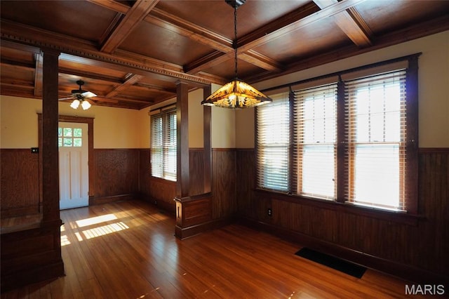 130 E 2nd St, Hermann, MO 65041 - empty room with wainscoting, coffered ceiling, wood walls, hardwood / wood-style floors, and a ceiling fan