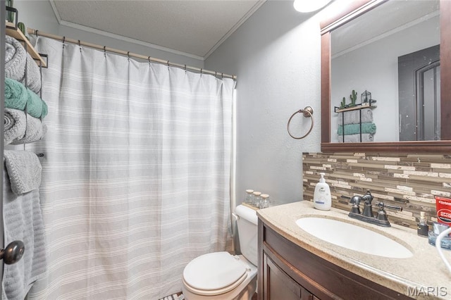 305 Pine Tree Rd, Rolla, MO 65401 - bathroom with backsplash, ornamental molding, vanity, and a shower with curtain