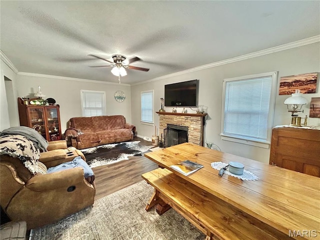 1409 S Washington St, Salem, MO 65560 - living room featuring ceiling fan, wood finished floors, crown molding, and a fireplace