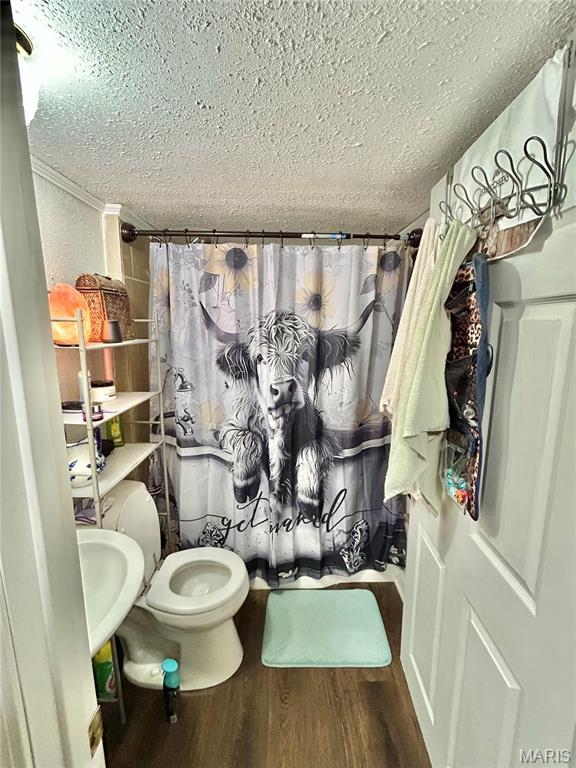 1409 S Washington St, Salem, MO 65560 - full bath with a textured ceiling, wood finished floors, and a shower with shower curtain