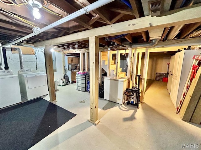 1409 S Washington St, Salem, MO 65560 - unfinished below grade area with washing machine and dryer, fridge, and electric panel