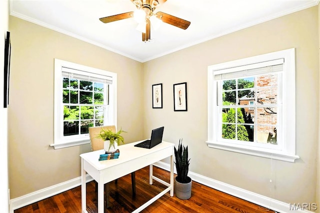 8049 Gannon Ave, Saint Louis, MO 63130 - home office featuring plenty of natural light, dark wood-style flooring, crown molding, and ceiling fan