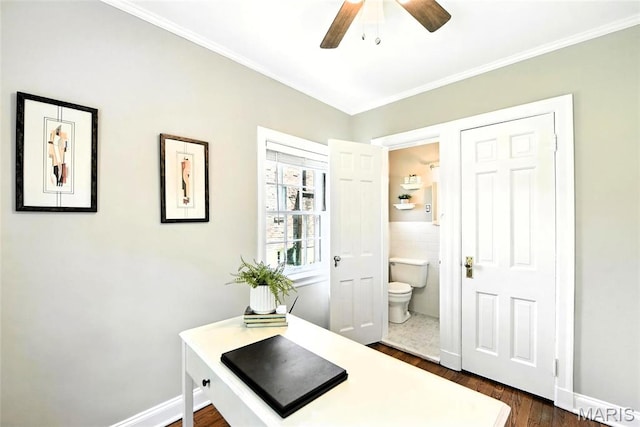 8049 Gannon Ave, Saint Louis, MO 63130 - office space featuring ceiling fan, dark wood finished floors, and crown molding