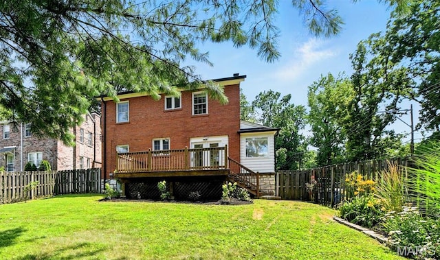8049 Gannon Ave, Saint Louis, MO 63130 - back of house featuring a wooden deck, a fenced backyard, brick siding, and stairs