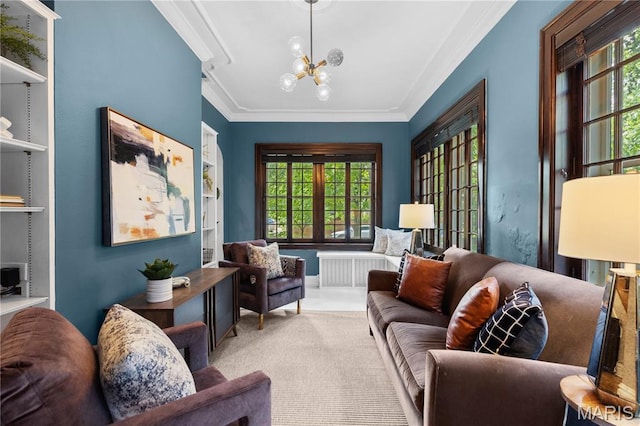 316 Melville Ave, University City, MO 63130 - carpeted living room with a chandelier, healthy amount of natural light, and crown molding