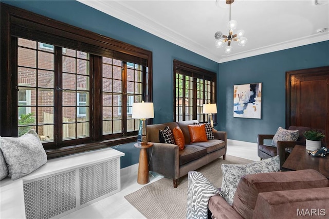 316 Melville Ave, University City, MO 63130 - living room featuring a chandelier and ornamental molding