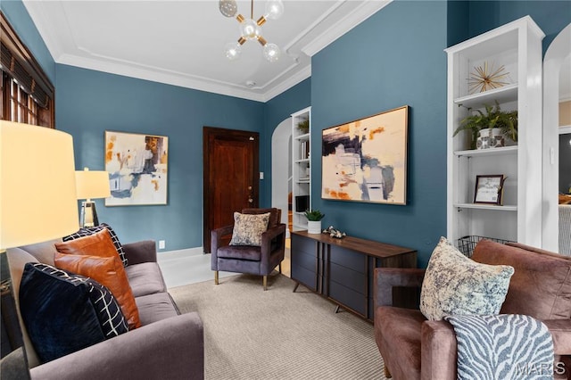 316 Melville Ave, University City, MO 63130 - living area with a chandelier, ornamental molding, carpet flooring, and built in features