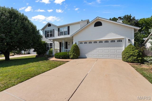 269 Sassafras Parc Dr, Ofallon, MO 63368 - traditional-style home with a front lawn, concrete driveway, an attached garage, a porch, and a chimney