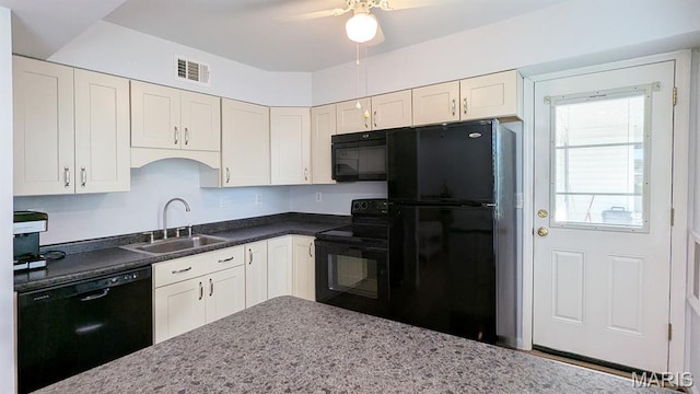 1669 Mayenne Ct Unit B, Mehlville, MO 63125 - kitchen with black appliances, white cabinets, and a ceiling fan