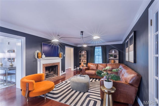220 Orrick Ln, Kirkwood, MO 63122 - living room with wood finished floors, ornamental molding, and a brick fireplace