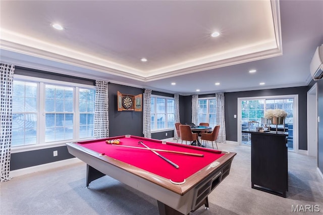 220 Orrick Ln, Kirkwood, MO 63122 - playroom with a tray ceiling, recessed lighting, crown molding, carpet floors, and billiards