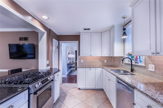 220 Orrick Ln, Kirkwood, MO 63122 - kitchen with appliances with stainless steel finishes, light tile patterned flooring, white cabinetry, light stone countertops, and ornamental molding