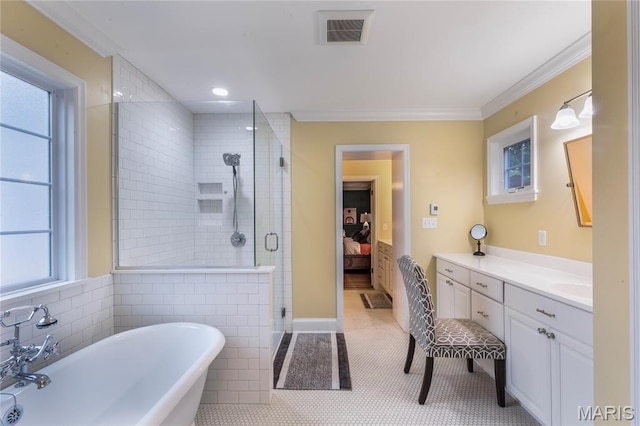 220 Orrick Ln, Kirkwood, MO 63122 - full bathroom featuring a shower stall, a freestanding tub, vanity, ornamental molding, and connected bathroom