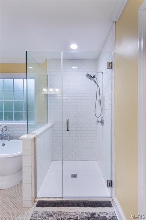 220 Orrick Ln, Kirkwood, MO 63122 - full bathroom with tile patterned flooring, a freestanding bath, a stall shower, and recessed lighting
