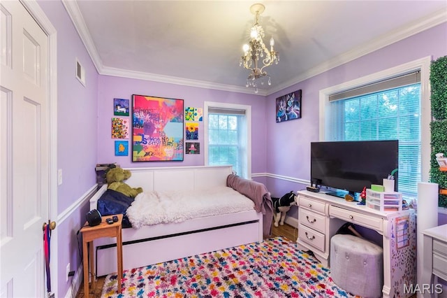 220 Orrick Ln, Kirkwood, MO 63122 - bedroom featuring ornamental molding, wood finished floors, and a chandelier