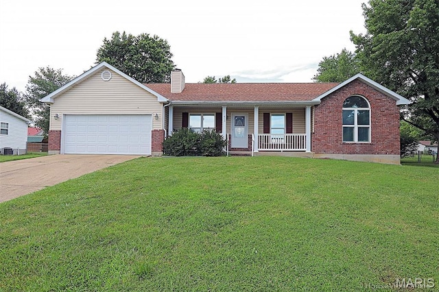 643 Woodgate St, Farmington, MO 63640 - ranch-style home featuring concrete driveway, a porch, a front lawn, an attached garage, and a chimney