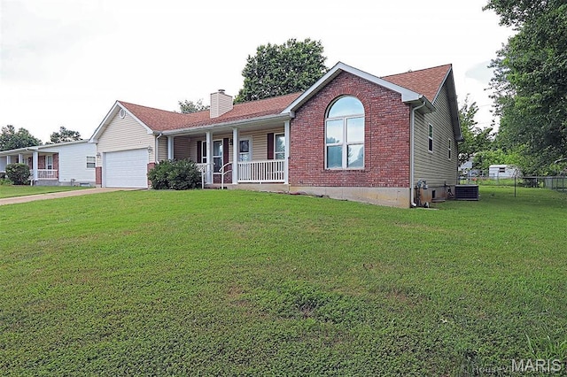 643 Woodgate St, Farmington, MO 63640 - ranch-style home with covered porch, a garage, a chimney, brick siding, and driveway