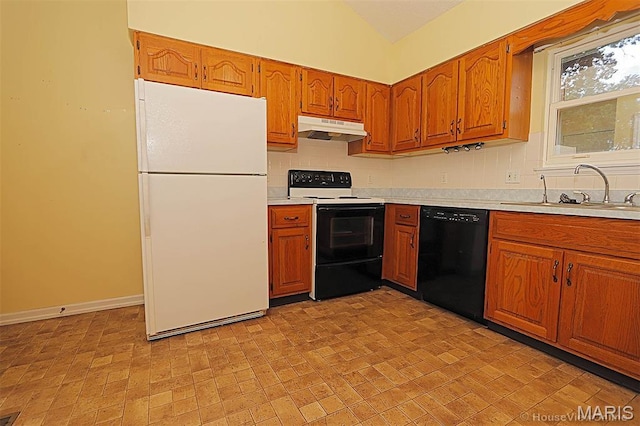 643 Woodgate St, Farmington, MO 63640 - kitchen featuring freestanding refrigerator, black dishwasher, range with electric stovetop, under cabinet range hood, and light countertops