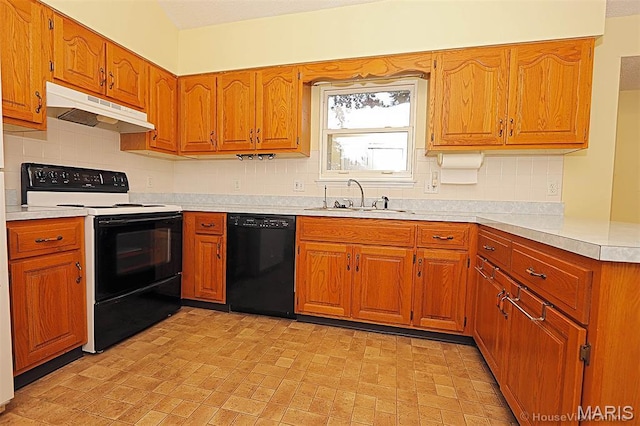 643 Woodgate St, Farmington, MO 63640 - kitchen featuring dishwasher, electric stove, under cabinet range hood, brown cabinets, and tasteful backsplash
