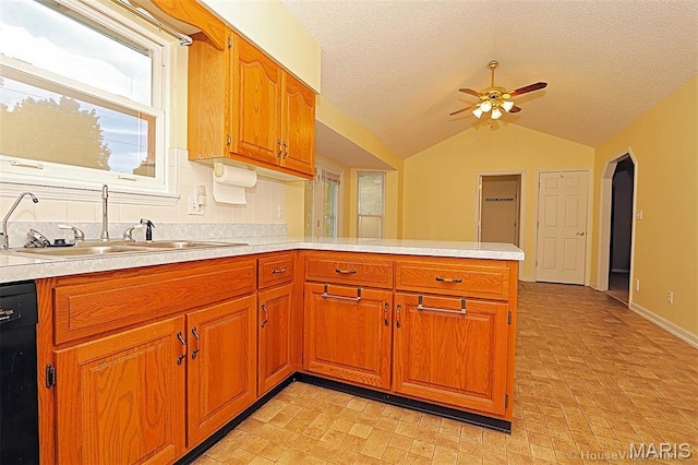 643 Woodgate St, Farmington, MO 63640 - kitchen with a peninsula, ceiling fan, light countertops, lofted ceiling, and a textured ceiling