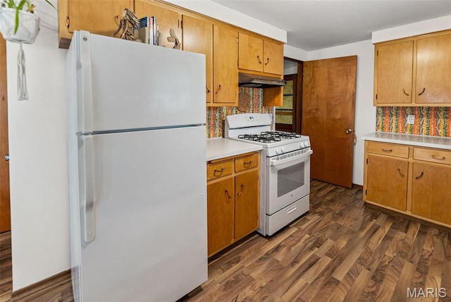 328 S Windmill St, Marine, IL 62061 - kitchen with white appliances, light countertops, dark wood-style flooring, and under cabinet range hood