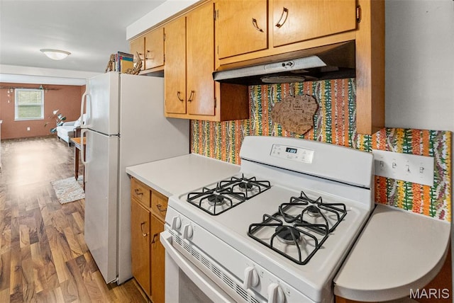 328 S Windmill St, Marine, IL 62061 - kitchen featuring white appliances, under cabinet range hood, light wood finished floors, and light countertops