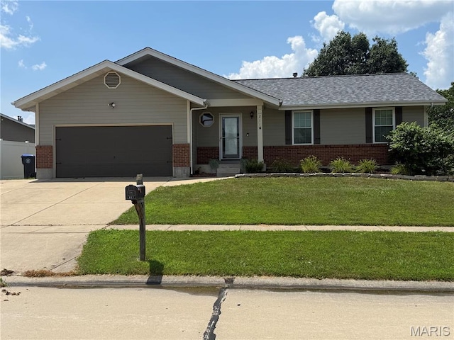 211 Surrey Ct, Ofallon, MO 63366 - ranch-style home with brick siding, an attached garage, concrete driveway, and a front yard