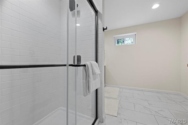 7944 Lavington Dr, Richmond Heights, MO 63117 - full bath with marble look tile flooring, a shower stall, and recessed lighting