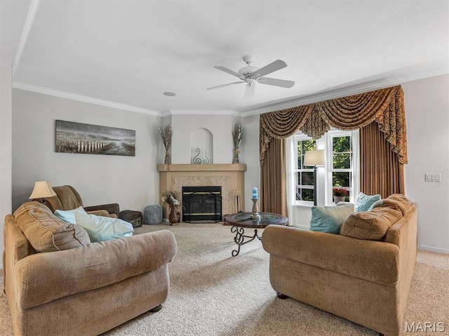 394 Sunset Echo Rd, Union, MO 63084 - living area featuring carpet, ornamental molding, a ceiling fan, and a tiled fireplace