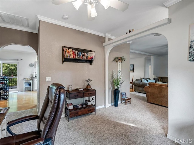 394 Sunset Echo Rd, Union, MO 63084 - carpeted home office with arched walkways, crown molding, and ceiling fan