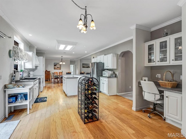 394 Sunset Echo Rd, Union, MO 63084 - kitchen featuring a chandelier, stainless steel refrigerator with ice dispenser, white cabinets, light wood-style flooring, and crown molding