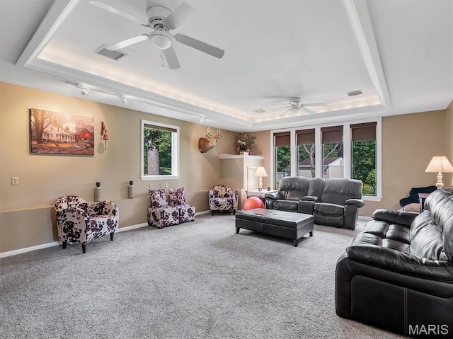 394 Sunset Echo Rd, Union, MO 63084 - carpeted living room with a tray ceiling and a ceiling fan
