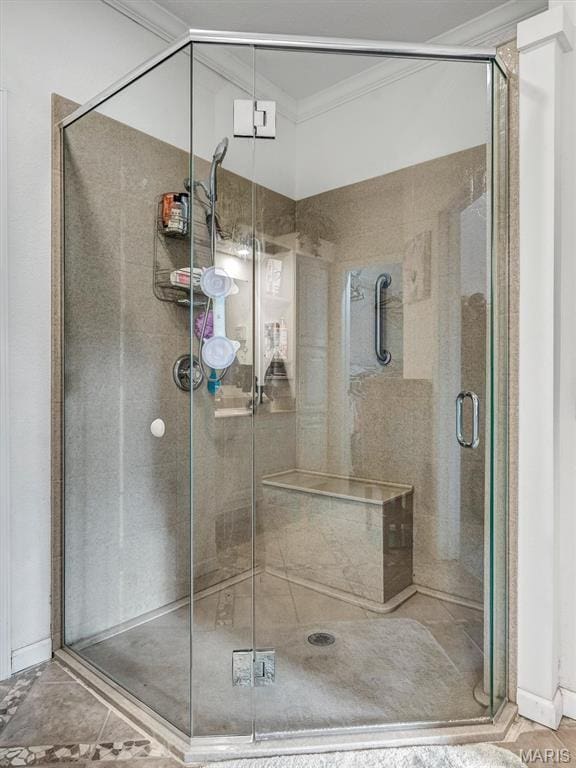 394 Sunset Echo Rd, Union, MO 63084 - full bathroom with crown molding, a shower stall, and tile patterned flooring