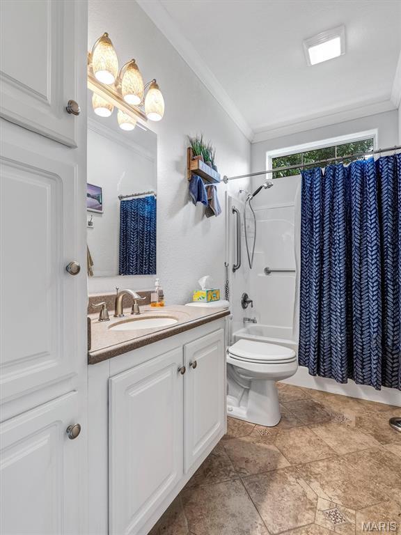 394 Sunset Echo Rd, Union, MO 63084 - bathroom featuring crown molding, vanity, shower / tub combo, and stone finish flooring