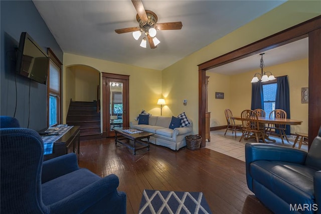 2324 Grand Ave, Granite City, IL 62040 - living area featuring hardwood / wood-style floors, a chandelier, a ceiling fan, and stairs