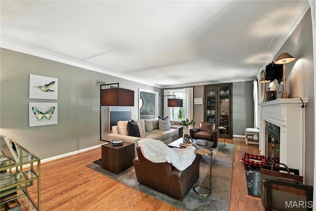 43 Highgate Rd, Olivette, MO 63132 - living room featuring crown molding, wood finished floors, and a glass covered fireplace