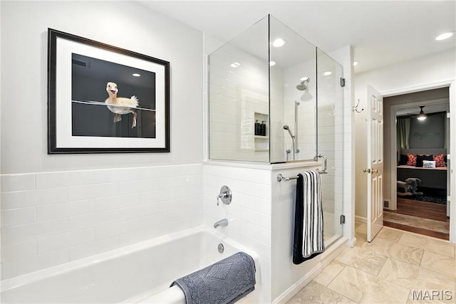 43 Highgate Rd, Olivette, MO 63132 - full bathroom featuring a stall shower, a bath, and recessed lighting