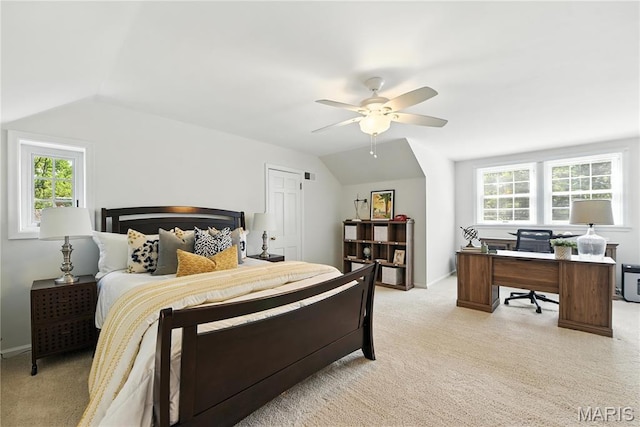 43 Highgate Rd, Olivette, MO 63132 - bedroom with vaulted ceiling, a desk, light carpet, multiple windows, and a ceiling fan