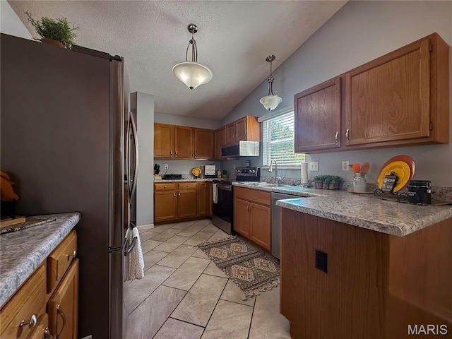 607 Apple Glen Ct, Arnold, MO 63010 - kitchen featuring appliances with stainless steel finishes, lofted ceiling, brown cabinets, hanging light fixtures, and light tile patterned floors