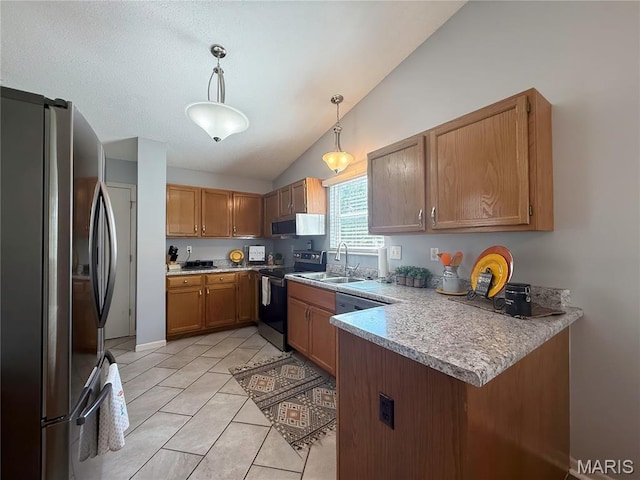 607 Apple Glen Ct, Arnold, MO 63010 - kitchen featuring appliances with stainless steel finishes, vaulted ceiling, a peninsula, brown cabinetry, and hanging light fixtures