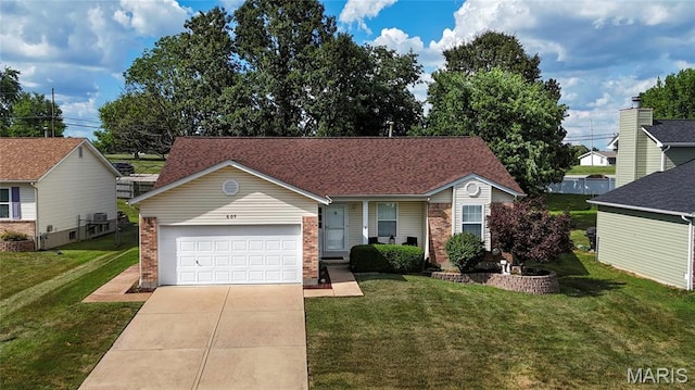607 Apple Glen Ct, Arnold, MO 63010 - ranch-style home with brick siding, a garage, concrete driveway, and a front yard